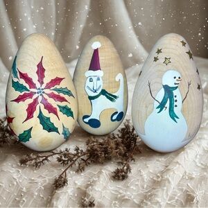Hand-Painted Holiday Wooden Eggs - Festive Design